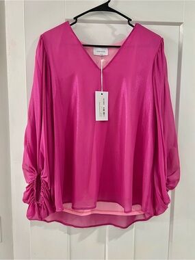 Adrienne Hot Pink V-Neck Ruched Sleeve Blouse